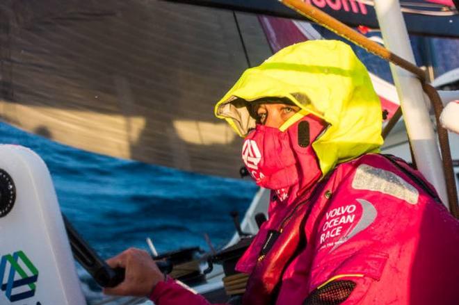 Onboard Team SCA - Sophie Ciszek in a full wet weather gear - Leg five to Itajai -  Volvo Ocean Race 2015 © Anna-Lena Elled/Team SCA